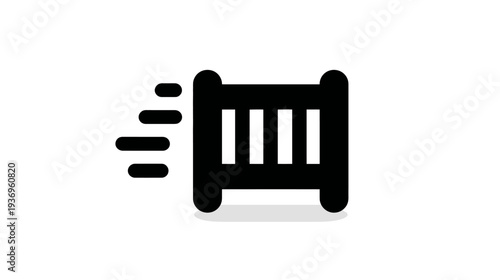 A black icon of a baby crib with motion blur on a white background, suggesting rapid transport