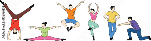 Flat vector illustration set of six athletes performing gymnastic and dance moves including handstands full splits and ballet jumps