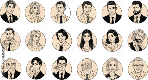 Hand-drawn portrait circle icons set Vector