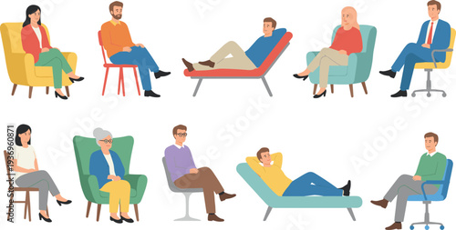 Flat vector illustration set of ten people sitting in armchairs office chairs and reclining chaises featuring diverse men women and seniors
