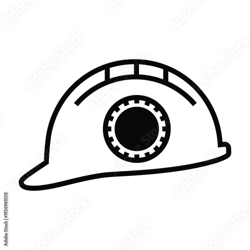 White hard hat with gear symbol for construction and worker safety