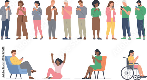 Group of diverse people standing together seen from back view in casual trendy clothing hand drawn minimal line art style vector.