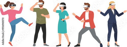Group of diverse people using virtual reality headsets interacting with digital environment modern VR technology experience flat vector illustration set