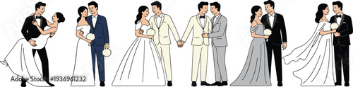 Minimal hand-drawn vector illustration set of diverse wedding couples in romantic poses with clean outline style and consistent stroke width