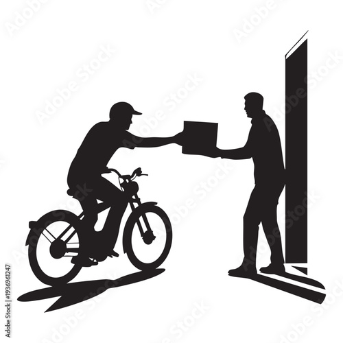 Silhouette of a person on a bicycle handing a package to another person standing by a door