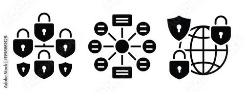 Network security architecture diagram showing firewall encryption and data protection systems, cybersecurity infrastructure design with secure servers, protected network layers,