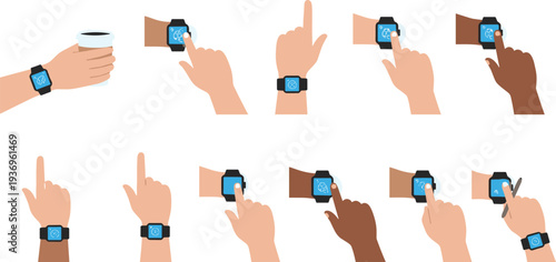 Modern character hand set featuring diverse skin tones interacting with smart watch screens for app design and tech concepts.