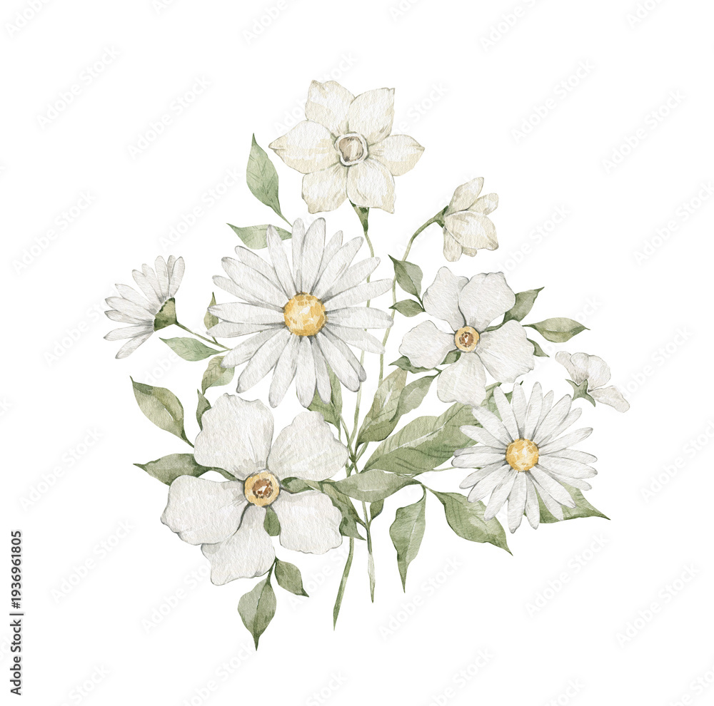 Fototapeta premium Watercolor bouquet with white flowers, leaves. Chamomile, roses, daffodils