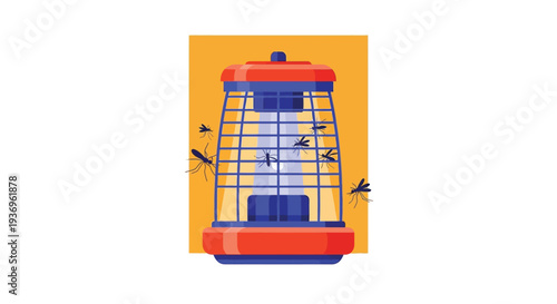 Mosquito trap with insects flying around it on yellow background
