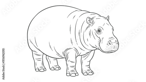 Hippo illustration: A detailed black and white illustration of a hippopotamus, showcasing its distinctive features and massive build.