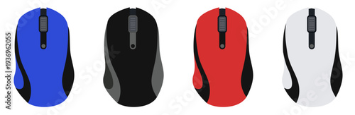 Illustration of a computer mouse in several color variations.