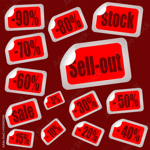 Set of red stickers with discounts and sales.
