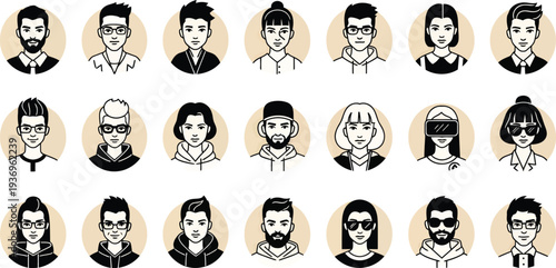 Diverse group of minimalist cartoon portraits in a grid layout Vector
