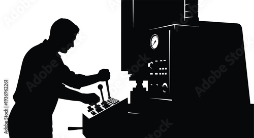 A skilled worker operates complex machinery in a factory setting depicted as a striking black silhouette high quality professional