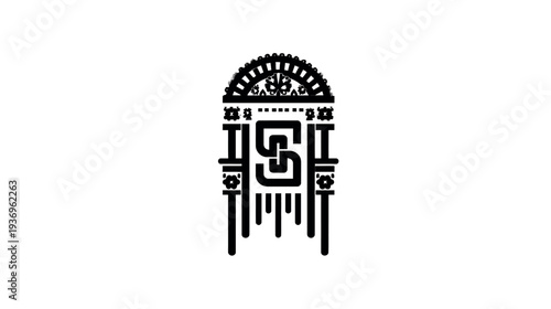 A symmetrical black and white emblem featuring a central monogram encompassed by architectural elements