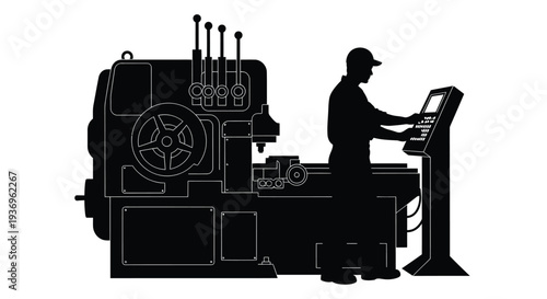A detailed black silhouette depicts a factory worker operating complex machinery with multiple controls and displays silhouette high quality