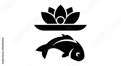Black Silhouette of Lotus Flower and Fish Icon on White Background