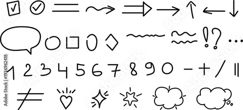 Hand drawn collection of various symbols icons and characters