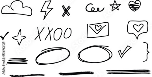 Hand drawn collection of various symbols and icons in a sketchy style