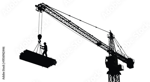 A striking black silhouette depicts a towering construction crane lifting a heavy concrete block with a worker silhouette
