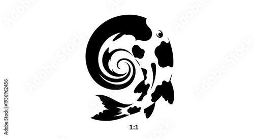 Black and White Koi Fish Swirling in Water Design - Minimalist Japanese Art