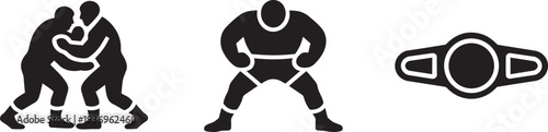 Wrestling sport icons set with two wrestlers single wrestler and championship belt vector