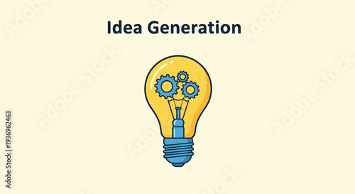 Idea Generation Concept: A creative illustration depicts the birth of innovation, with a bright light bulb housing gears, symbolizing the generation of ideas and thought processes. 