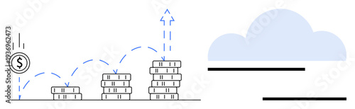 Falling coin bouncing onto increasingly taller money stacks, symbolizing profit growth. Cloud in background suggesting virtual or online concept. Ideal for finance, investment, economy, success