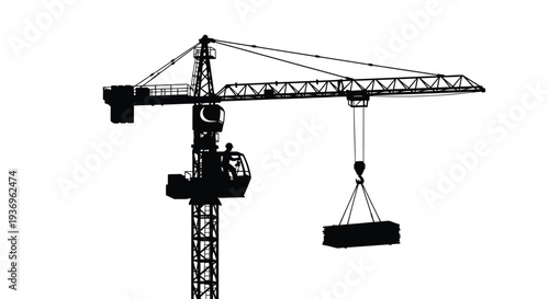 A stark black silhouette of a large construction crane against a bright white background conveying industrial power silhouette