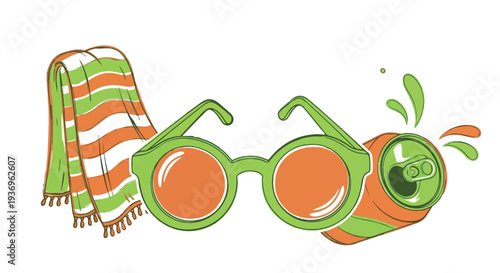 Vibrant summer-themed vector illustration featuring round green sunglasses, a striped beach towel, and a splashing orange soda can. High-quality flat design clip art ideal for tropical t-shirt prints,