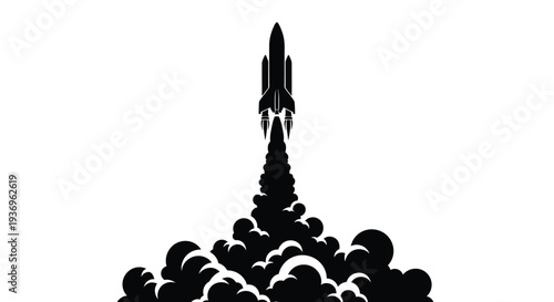 A striking minimalist depiction of a rocket launching with fiery exhaust plumes against a plain white background silhouette