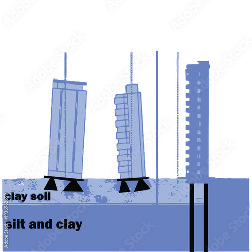 Pile Foundation Structure with Soil Layers – Clay, Silt and Clay Ground Engineering Diagram Vector
