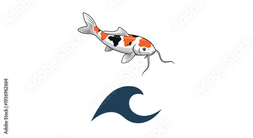 Koi Fish Swimming Above Water Wave Symbol