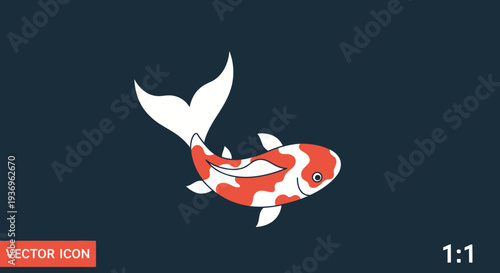 Koi Fish Icon Vector Illustration, Japanese Carp Swimming, Simple Flat Design