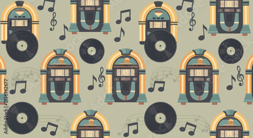 Photos Seamless retro jukebox and vinyl record pattern with musical notes