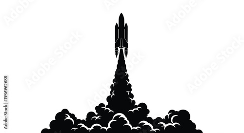 A striking black silhouette of a space shuttle ascending with powerful exhaust flames during liftoff silhouette high quality professional