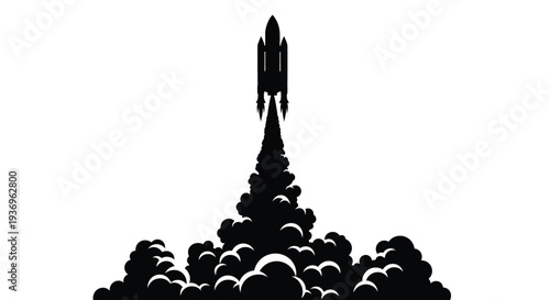 A striking black silhouette depicts a rocket launching with extensive flames and smoke trails emphasizing space exploration silhouette
