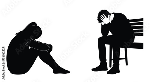 Two figures display profound sadness and distress one seated and one curled up in stark contrast silhouette high quality