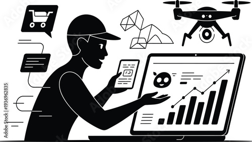 Businessman analyzing data on laptop with drone and shopping icons around him