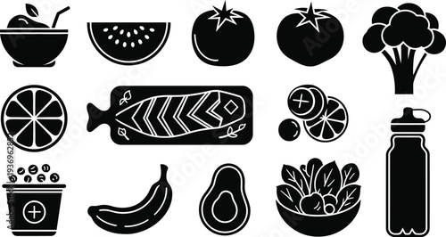 Healthy food, diet, and nutrition black glyph icon set