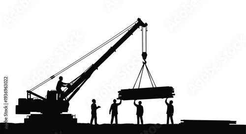 A stark black silhouette depicts construction workers operating a large crane and handling heavy materials on a worksite silhouette