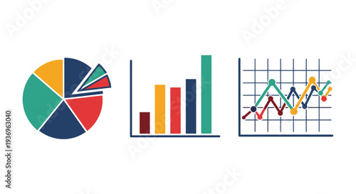 Colorful financial charts and graphs on white background