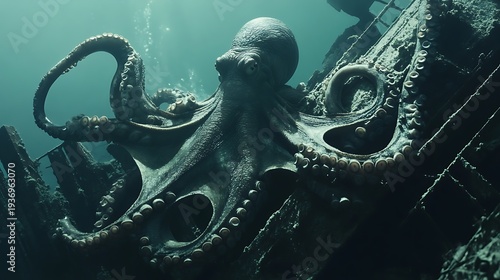 A magnificent giant octopus with powerful tentacles explores the decaying remains of an ancient sunken shipwreck deep beneath the ocean's surface in mysterious dark waters.