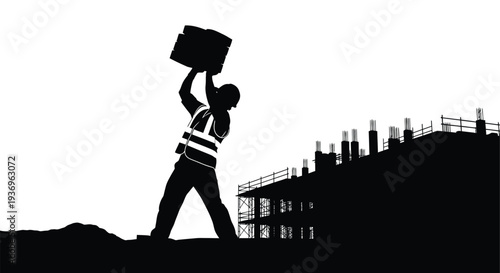 A construction worker carries a heavy load of bricks at a building site depicted in stark silhouette high quality