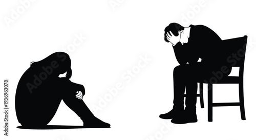 Two figures display profound sadness and despair one seated and one curled up rendered as a striking silhouette