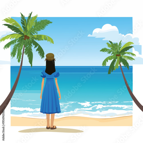 Woman gazing at the ocean with palm trees on a sunny day