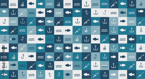 Seamless fishing pattern with various marine icons on blue squares.