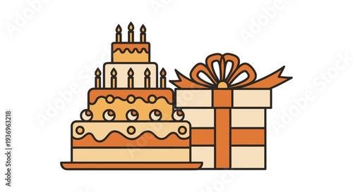 A festive birthday cake with lit candles and a beautifully wrapped gift box.