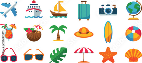 Travel tourism sticker collection with summer vacation icons journey tour elements luggage airplane camera and destination cartoon vector illustration set