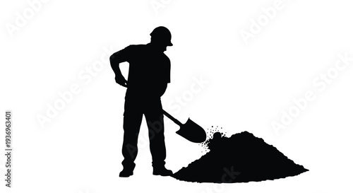 A solitary worker depicted in black is shown digging in a pile of earth a stark silhouette high quality